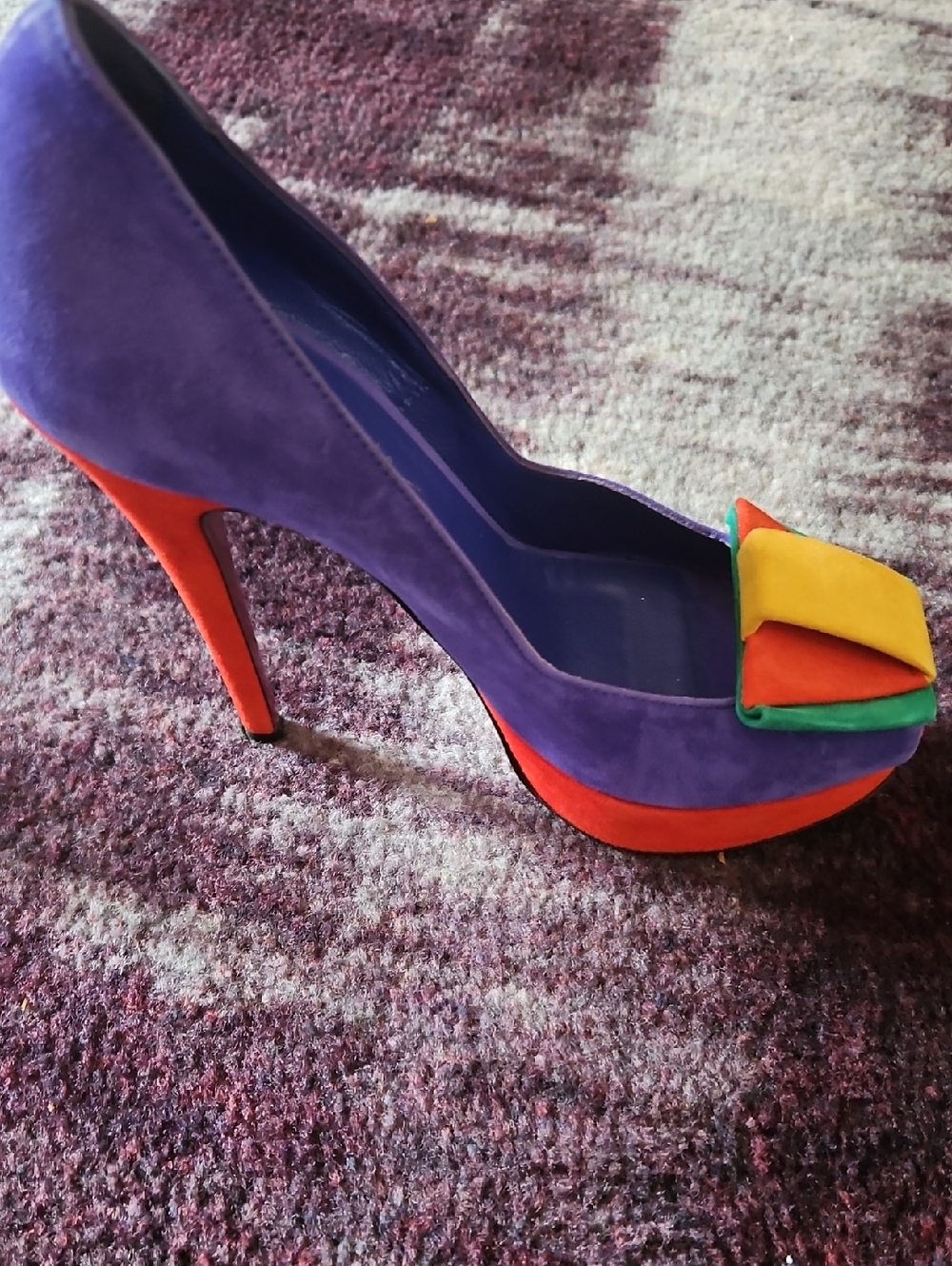 Purple Multicolor Suede High Heel Pump with Bow Accent